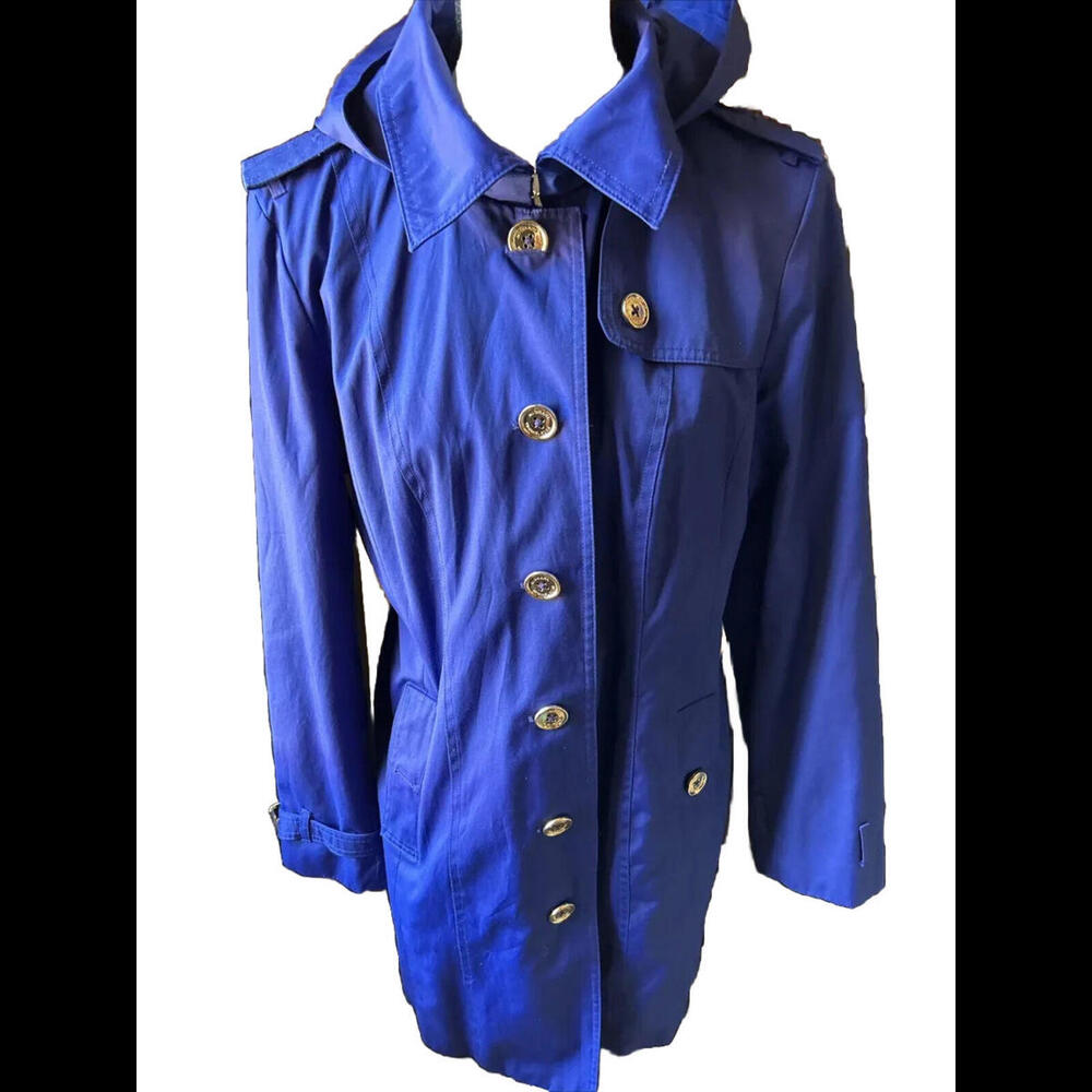 🦄🧥🦋Michael Kors Ladies Blue Trench Coat Size L Gold Buttons Long Sleeve